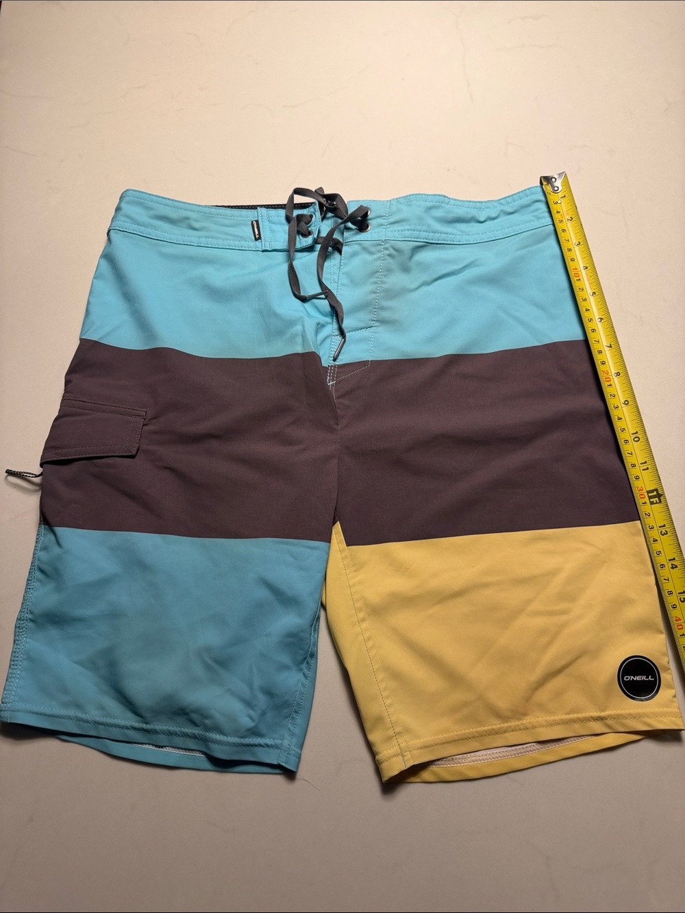 O'Neill Men's Aqua, Brown & Yellow Colorblock Swim Board Shorts Sz 30